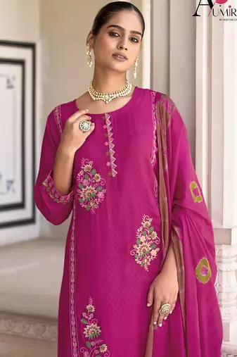 Pink premium embroidered pure jacquard readymade plazzo suit