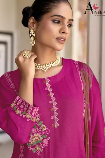 Pink premium embroidered pure jacquard readymade plazzo suit