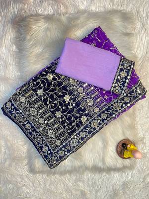 Purple Colour Soft Georgette Fabric Saree With Heavy Thread Work With Unstitched Blouse 1