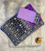 Purple Colour Soft Georgette Fabric Saree With Heavy Thread Work With Unstitched Blouse