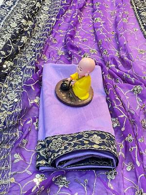 Purple Colour Soft Georgette Fabric Saree With Heavy Thread Work With Unstitched Blouse 2