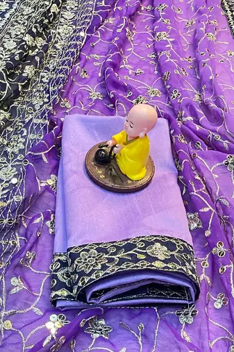 Purple Colour Soft Georgette Fabric Saree With Heavy Thread Work With Unstitched Blouse