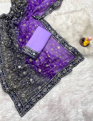 Purple Colour Soft Georgette Fabric Saree With Heavy Thread Work With Unstitched Blouse 3