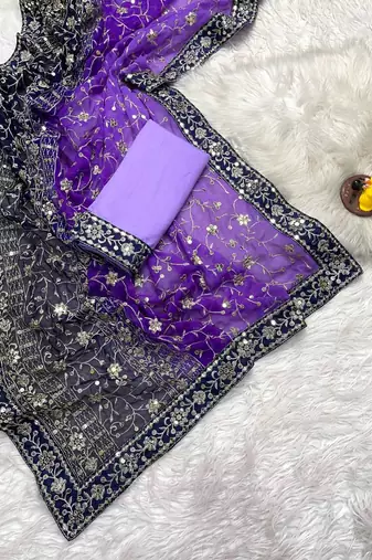 Purple Colour Soft Georgette Fabric Saree With Heavy Thread Work With Unstitched Blouse