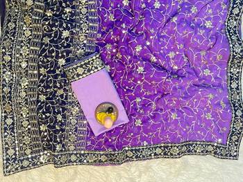Purple Colour Soft Georgette Fabric Saree With Heavy Thread Work With Unstitched Blouse 4