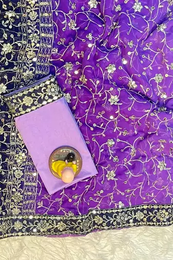 Purple Colour Soft Georgette Fabric Saree With Heavy Thread Work With Unstitched Blouse