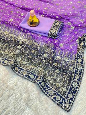 Purple Colour Soft Georgette Fabric Saree With Heavy Thread Work With Unstitched Blouse 5