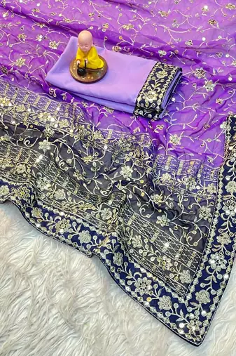 Purple Colour Soft Georgette Fabric Saree With Heavy Thread Work With Unstitched Blouse