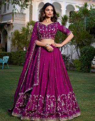 rich wine silk sequins embroidered lehenga set choli with dupatta with dupatta 2