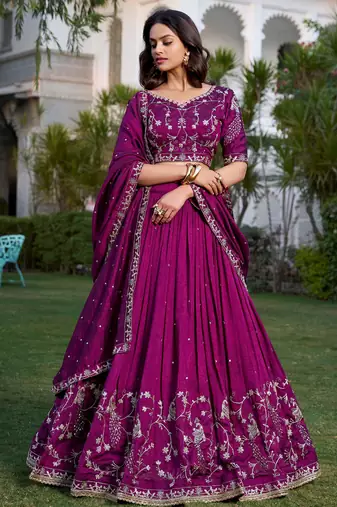 rich wine silk sequins embroidered lehenga set choli with dupatta with dupatta