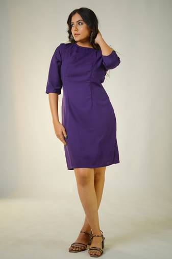 Purple poly moss plain a-line midi dress western