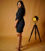 Black poly moss plain midi boat neck dress western