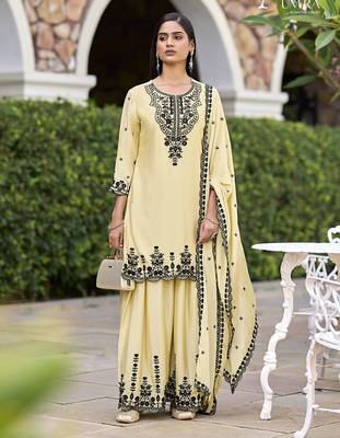 Chiku embroidered chinon silk stitched Palazzo suit 1