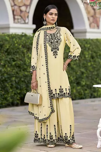 Chiku embroidered chinon silk stitched Palazzo suit