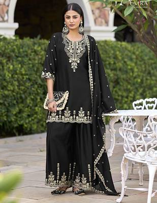 Black embroidered chinon readymade sharara suit 1