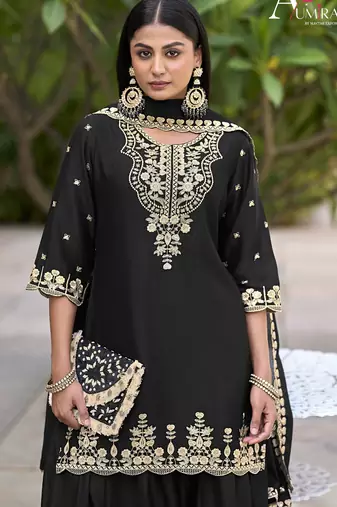 Black embroidered chinon readymade sharara suit