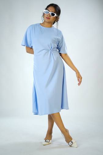 Ligth blue moss plain satin twill satin knot dress western