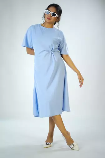 Ligth blue moss plain satin twill satin knot dress western