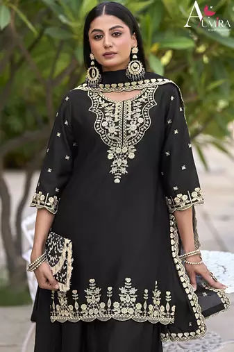 Black embroidered chinon readymade sharara suit