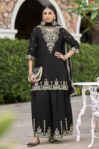 Black embroidered chinon readymade sharara suit