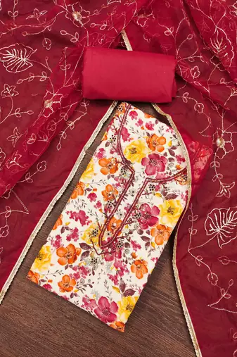 Women's red cotton handwork unstitched dress material