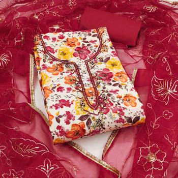 Women's red cotton handwork unstitched dress material 2
