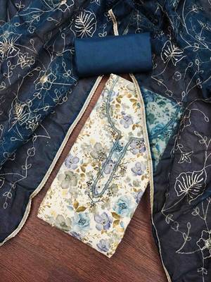 Women's navy blue cotton handwork unstitched dress material 1