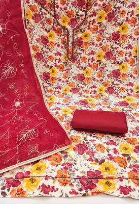Women's red cotton handwork unstitched dress material 3