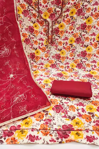 Women's red cotton handwork unstitched dress material
