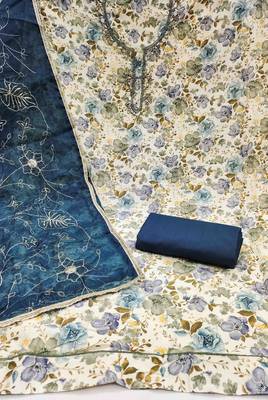 Women's navy blue cotton handwork unstitched dress material 3