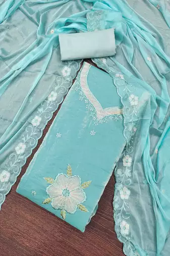 Women's blue viscose satin embroidered unstitched dress material