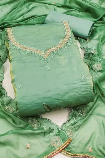 Women's green viscose satin embroidered unstitched dress material