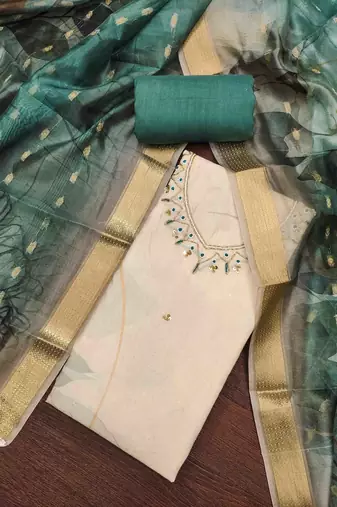 Women's turquoise cambric cotton handwork unstitched dress material