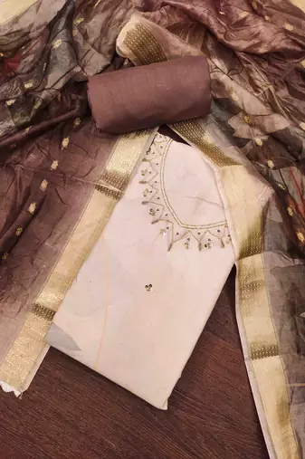 Women's brown cambric cotton handwork unstitched dress material