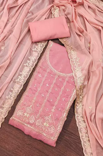 Women's pink peach satin embroidered unstitched dress material