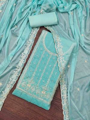 Women's blue viscose satin embroidered unstitched dress material 1