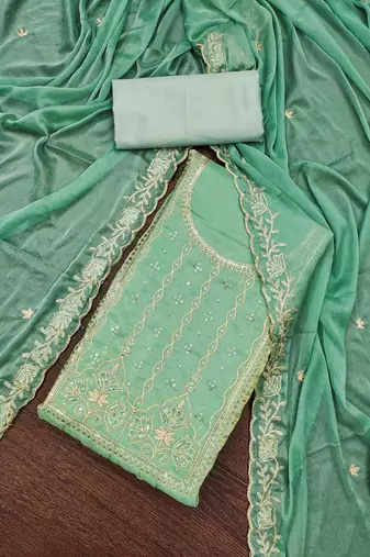Women's turquoise viscose satin embroidered unstitched dress material