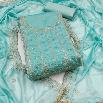 Women's blue viscose satin embroidered unstitched dress material 2
