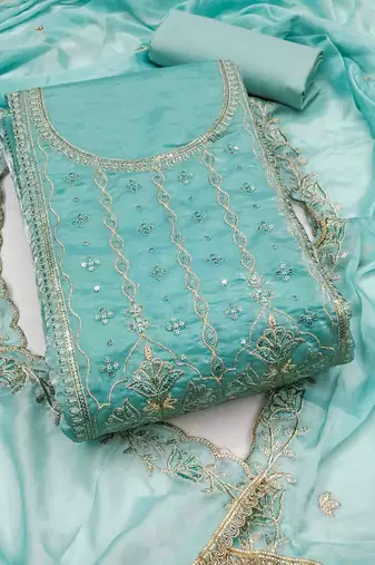 Women's blue viscose satin embroidered unstitched dress material