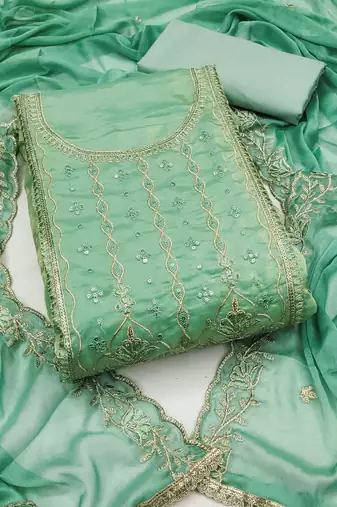 Women's turquoise viscose satin embroidered unstitched dress material