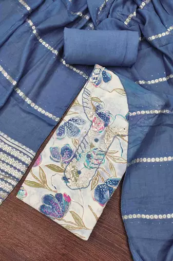 Women's blue cotton handwork unstitched dress material