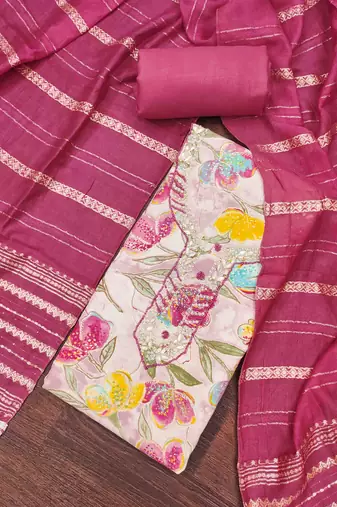 Women's pink cotton handwork unstitched dress material