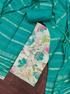 Women's turquoise cotton handwork unstitched dress material 1