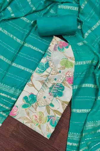 Women's turquoise cotton handwork unstitched dress material