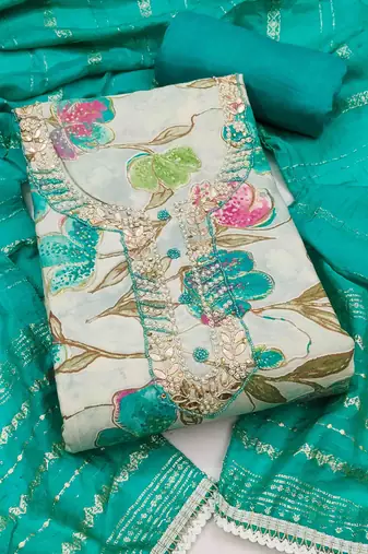 Women's turquoise cotton handwork unstitched dress material