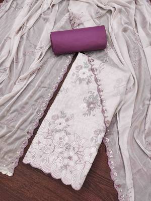 Women's off-white cambric cotton embroidered unstitched dress material 1