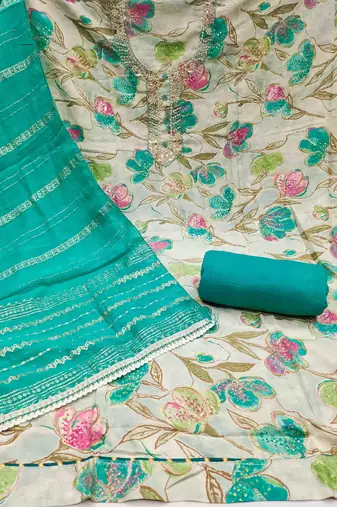 Women's turquoise cotton handwork unstitched dress material