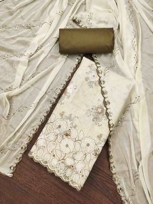Women's off-white cambric cotton embroidered unstitched dress material 1