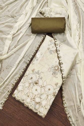 Women's off-white cambric cotton embroidered unstitched dress material