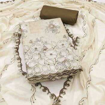 Women's off-white cambric cotton embroidered unstitched dress material 2